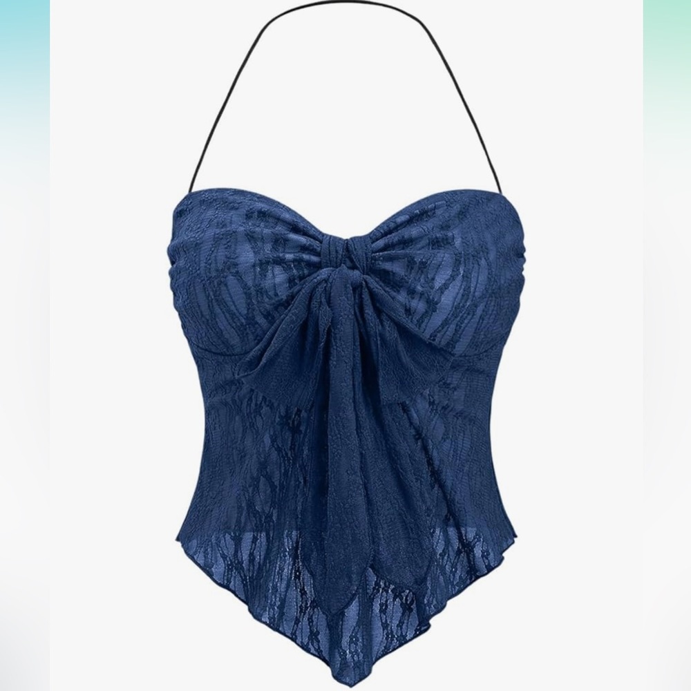 Blue Floral Lace Halter Top Strapless Top Backless Top Tie Front Bow Top